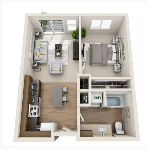 Floor plan for 1 bed, 1 bath, 615 sqft